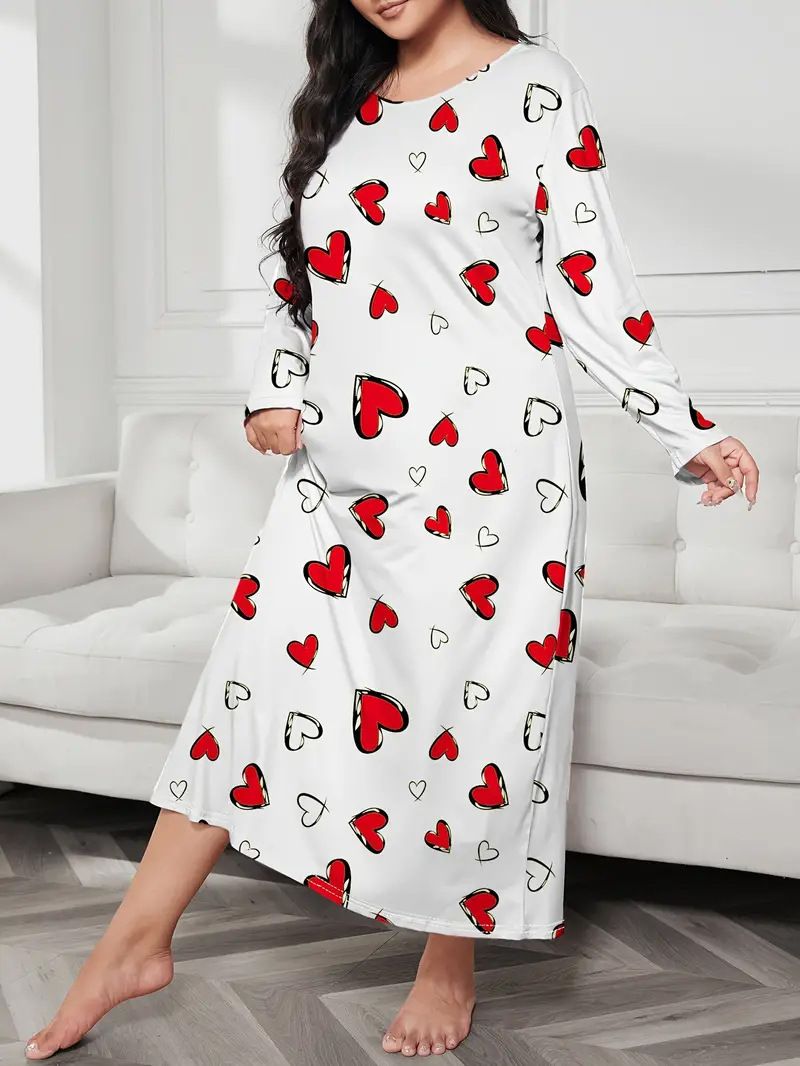 Damenbekleidung Langärmliges Nachthemdkleid mit Schmetterlings- und Herz-Leopardenmuster, überschnittener Schulter, großer Größe_voghion.com