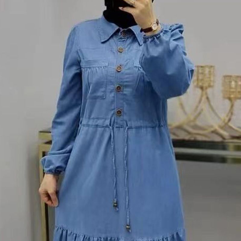 Women's Blue Patchwork Maxi Dress Dubai Turkish Clothing Fashionable Elegant Denim Dress_voghion.com