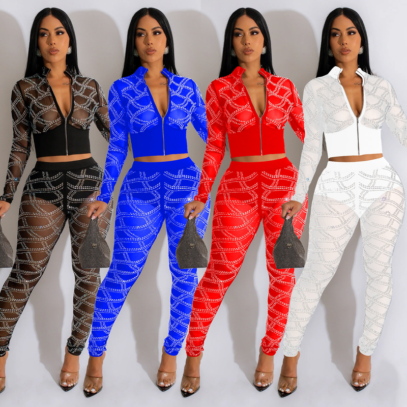 Set di due pezzi di pantaloni a maniche lunghe a maniche lunghe con diamanti caldi in maglia tinta unita da donna_voghion.com