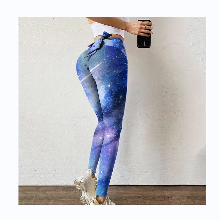 Pantaloni da yoga da yoga da donna con stampa multicolore antirughe sull'anca, dimagranti a vita alta, con fiocco elasticizzato_voghion.com