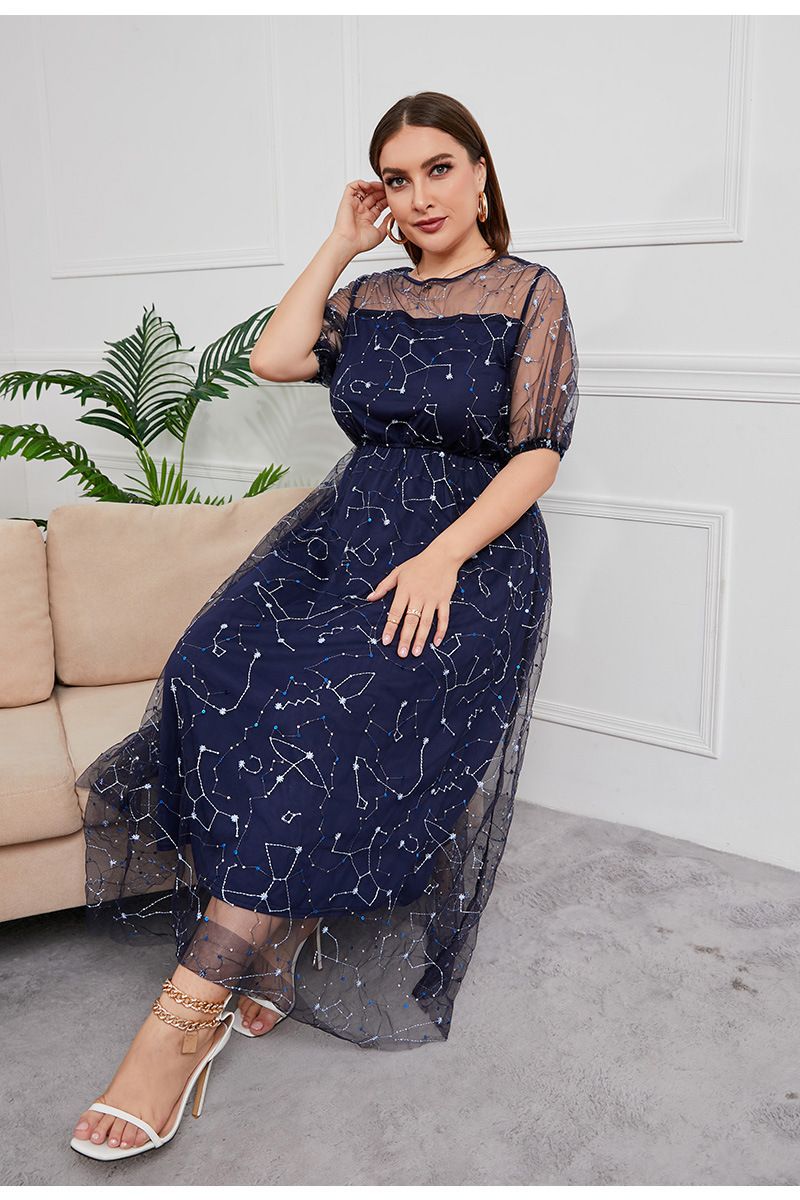 Sukienka damska plus size, wieczorowa, kobieca, haftowana siateczka, bankietowa, imprezowa, midi_voghion.com