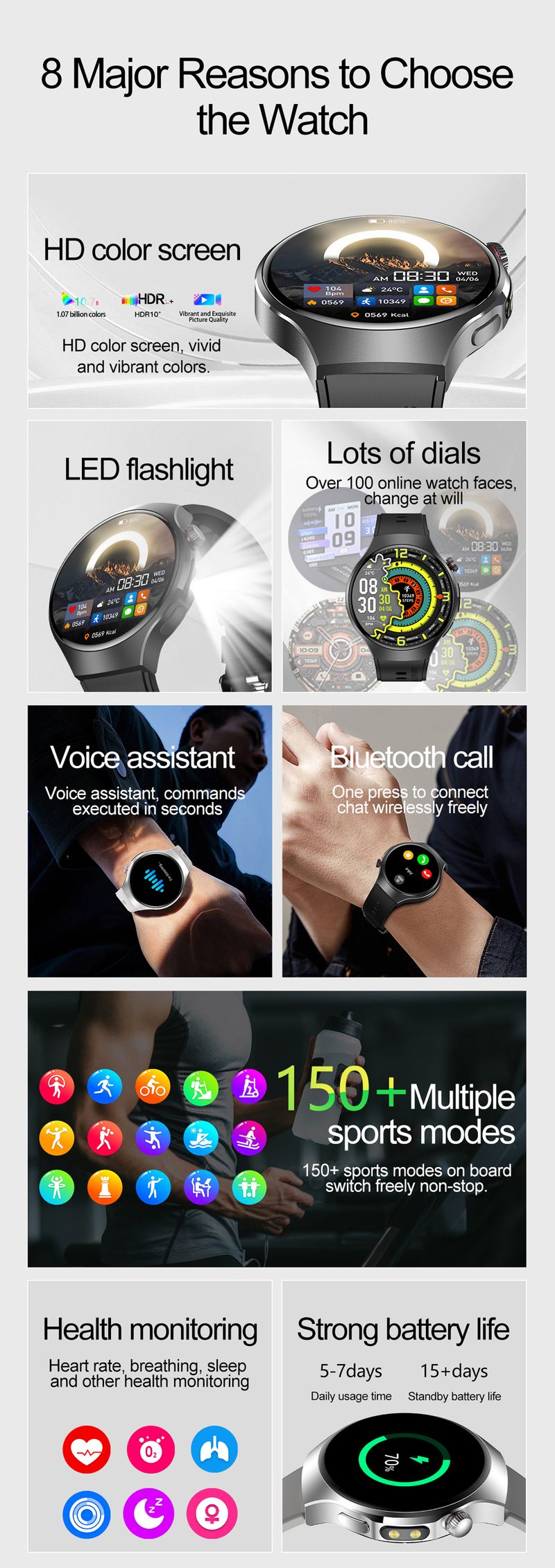 New Outdoor Sports Smart Watch Men Riding Running Fitness IP68 Waterproof LED Lights Bluetooth Call Smartwatch For Android IOS HUAWEI_voghion.com