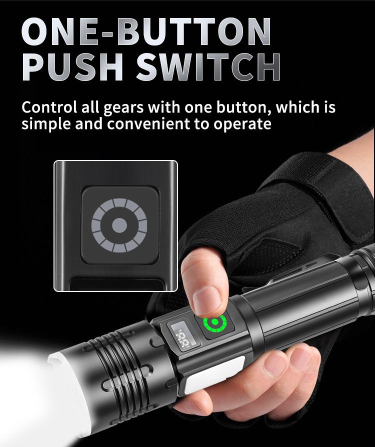 White Laser LED Flashlight With Digital Display, Type-C Charging & COB Side Light, 500m+ Beam Distance, 12W High-Power Tactical Torch For Outdoor_voghion.com