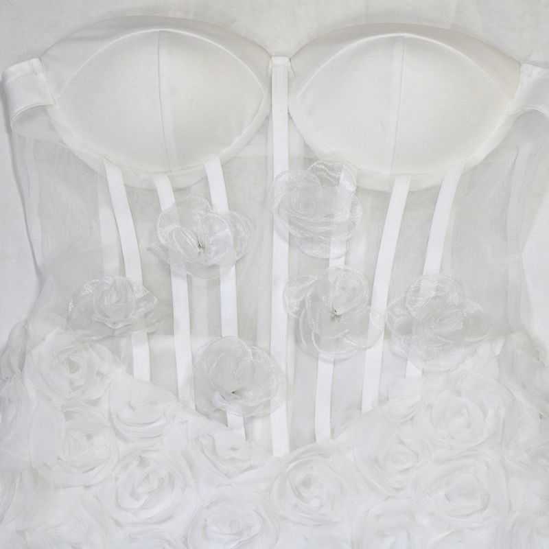 Abito aderente senza spalline da donna, sexy, in rete trasparente con applicazioni floreali 3D_voghion.com