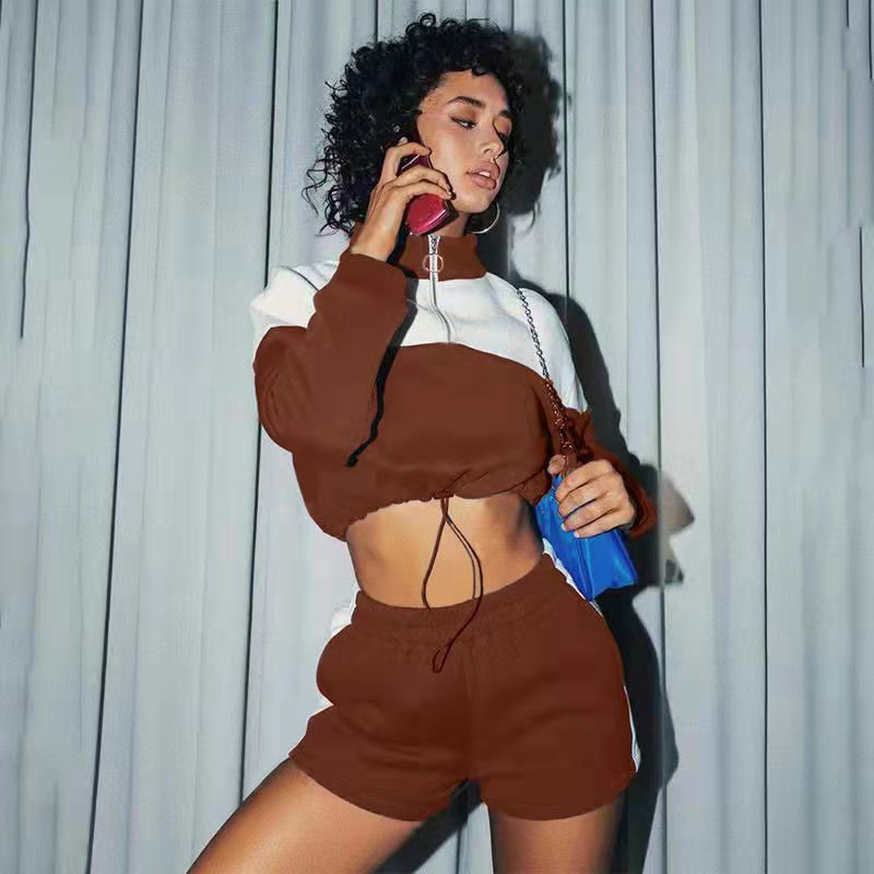 Women's Clothing color-blocked drawstring casual shorts women's sweatshirt set two-piece set_voghion.com
