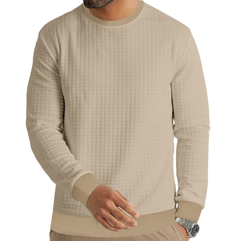 Men's Spring And Autumn Winter Waffle Round Neck Long Sleeved T Shirt Men's Small Square Casual Bottom_voghion.com