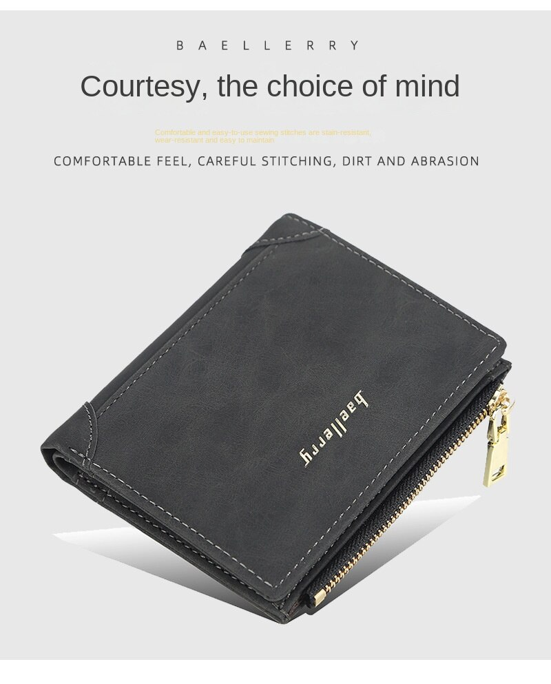 Carteira Baellerry Masculina Curta com Zíper Carteira Vertical Multicartões Elegante Moeda de Alta Qualidade_voghion.com