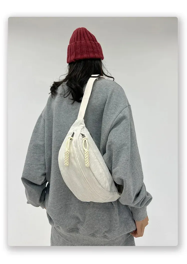 Marsupio da donna, grande capacità, in velluto a coste, stile street, borsa a tracolla, alla moda, cintura casual 250806_voghion.com