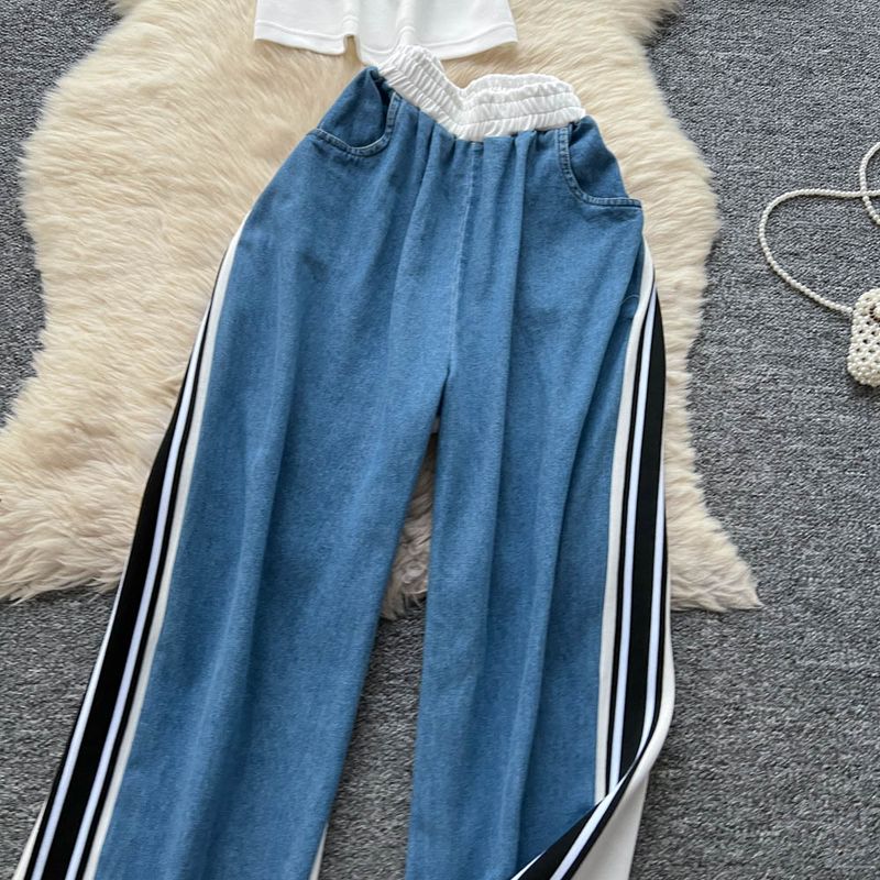 Modischer Freizeitanzug für Damen im Sommer, amerikanische Retro-Hosenträger mit Buchstabenstickerei, kurze Weste, hohe Taille, Denimhose mit weitem Bein_voghion.com