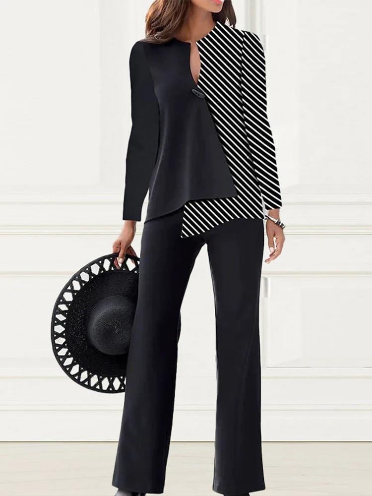 2025 Primavera e Autunno Moda Pendolare Manica Color Block Pantaloni Lunghi Set Due Pezzi Elegante Abbigliamento Donna_voghion.com