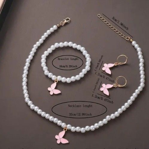 Completo di gioielli di perle, completo di collana, bracciale e orecchini a farfalla coordinati per ragazze_voghion.com