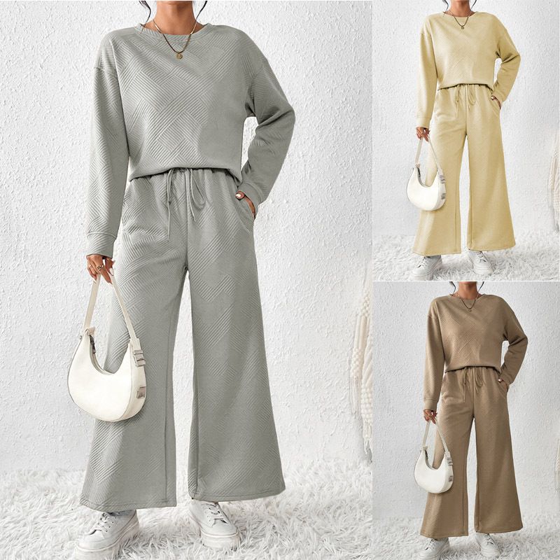 Terno casual solto simples de cor sólida, outono inverno, novo, texturizado, com cordão, roupa esportiva para mulheres, 2025_voghion.com
