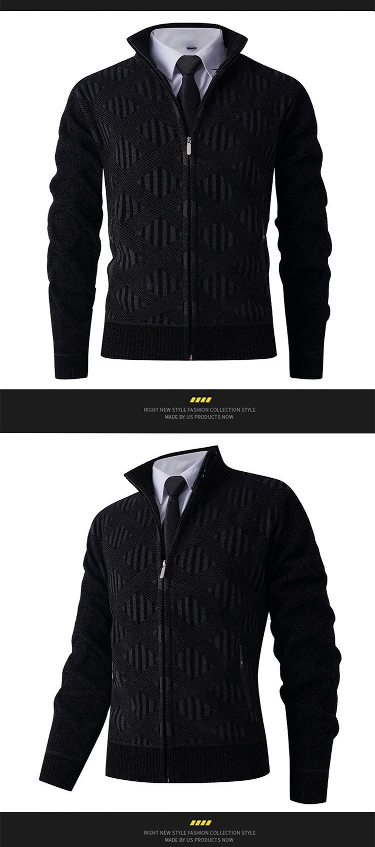 Herrenbekleidung Strickjacke mit Stehkragen und samtigem Fleece-Futter, Sherpa-Strickjacke, warmer Winterpullover mit Stehkragen, lässig, für draußen_voghion.com