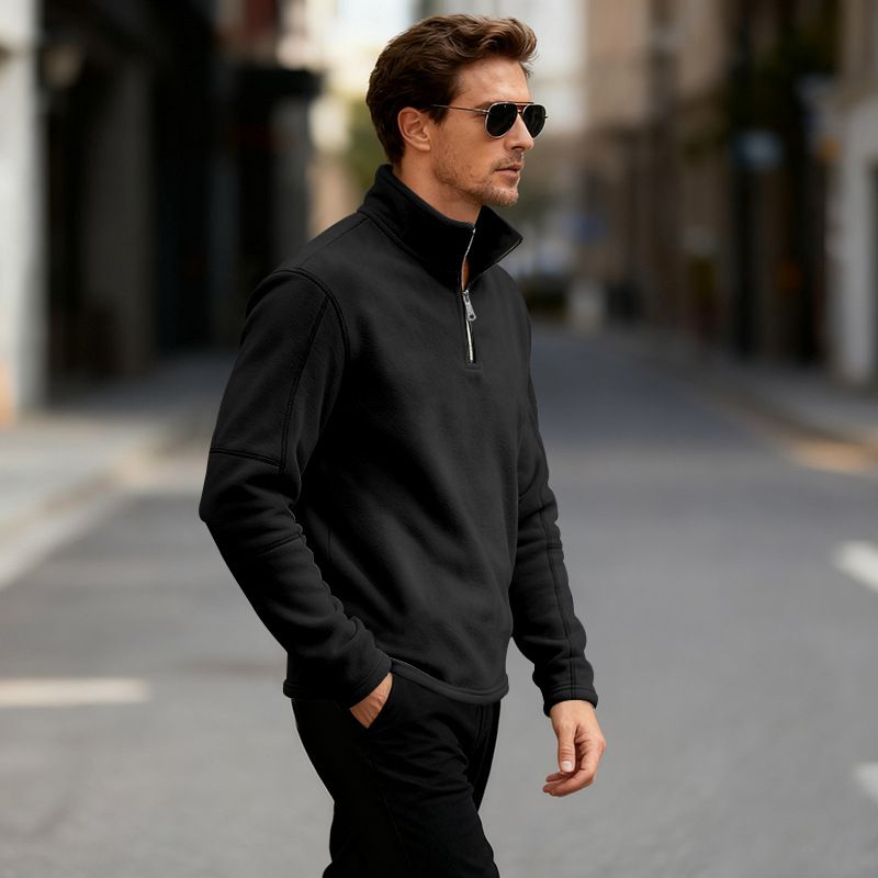 Felpa da uomo con mezza zip e collo alto – Pile spesso, vestibilità ampia per autunno e inverno_voghion.com