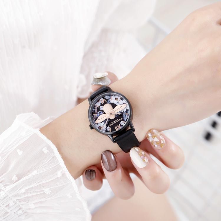OB Little Bee Orologio al quarzo in stile cinese con conchiglia impermeabile e quadrante nero, stile letterario, stile studentessa_voghion.com
