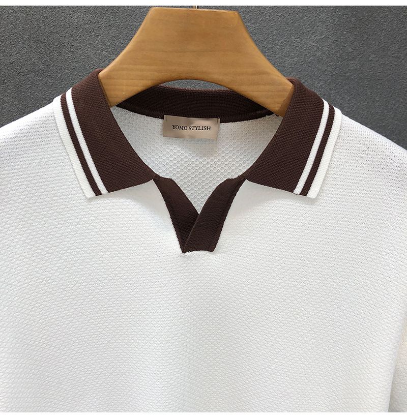Maglietta estiva da uomo, a maniche corte, con scollo a V e colori a contrasto, vestibilità slim, polo con risvolto e maglia testurizzata_voghion.com