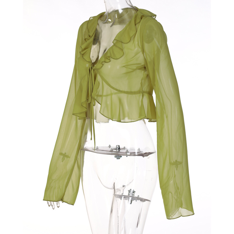 2023 Sommer-heißer Verkauf New Wood Ear Schnürung mit tiefem V-Ausschnitt Langarm Transparent Top Damenbekleidung_voghion.com
