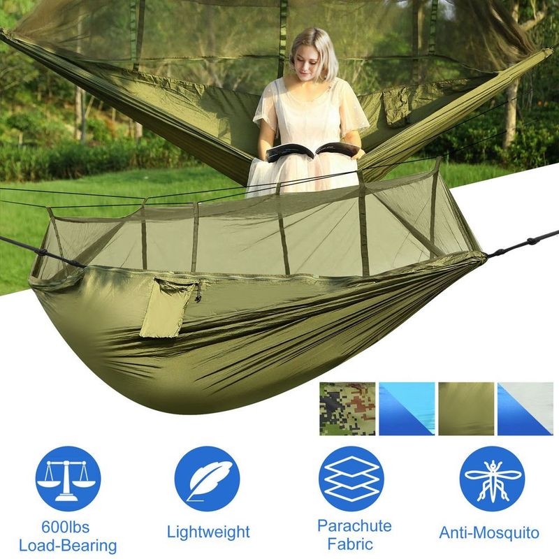 Camping Hammock, Portable Double Hammock With Net,600lbs Load 2 Persons Hammock W/Mosquito Net Outdoor Hiking Camping Hommock Portable Nylon Swing Hanging Bed W/ Strap Hook Carry Bag_voghion.com