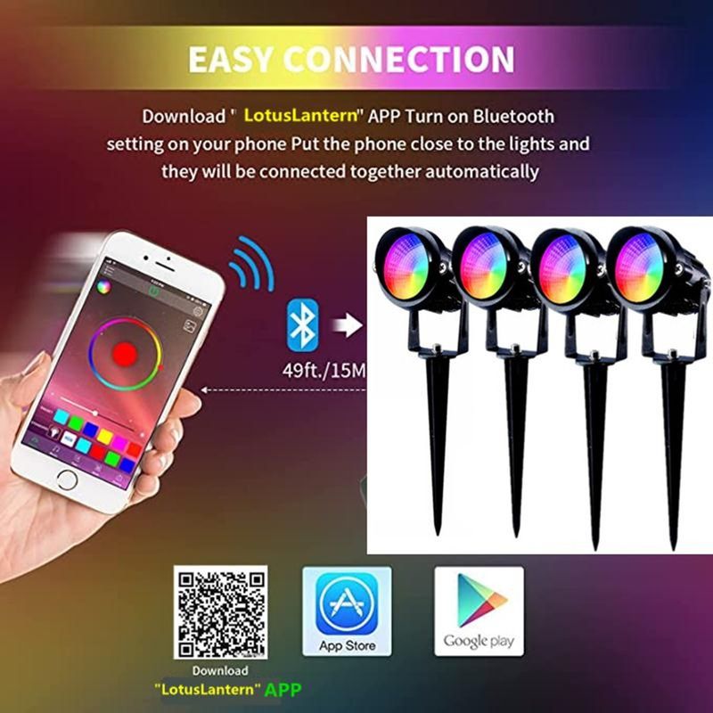 Lampe de jardin LED intelligente Bluetooth RVB, étanche, contrôle par application, 16 millions de couleurs, projecteurs d'extérieur pour pelouse_voghion.com