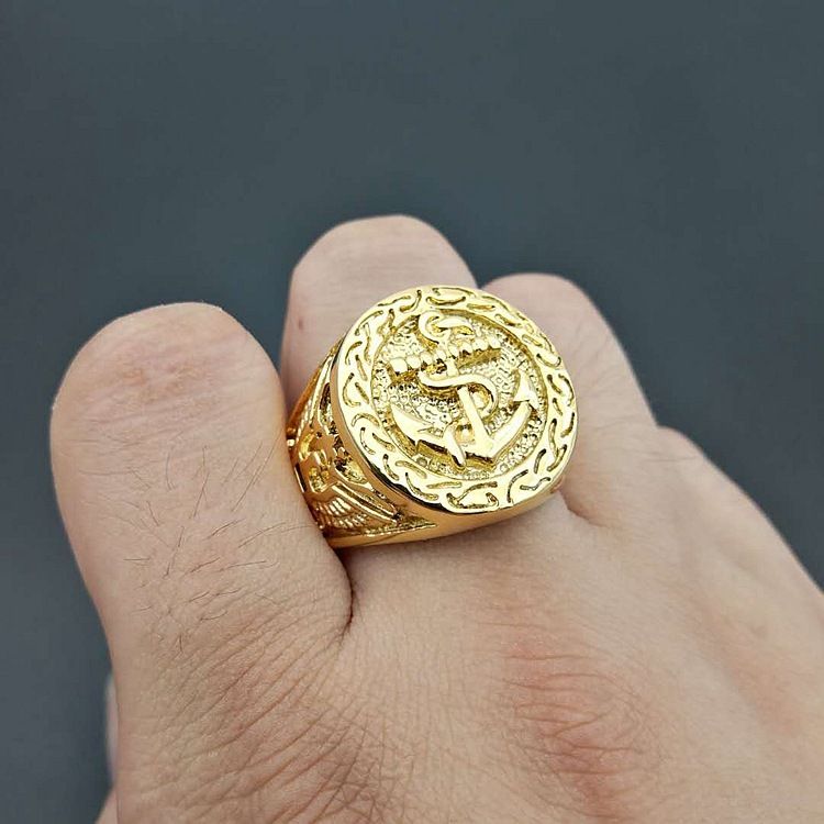 Ring Titanium staal/roestvrij staal kleurbehoud verguld US Navy anker adelaar herenring_voghion.com