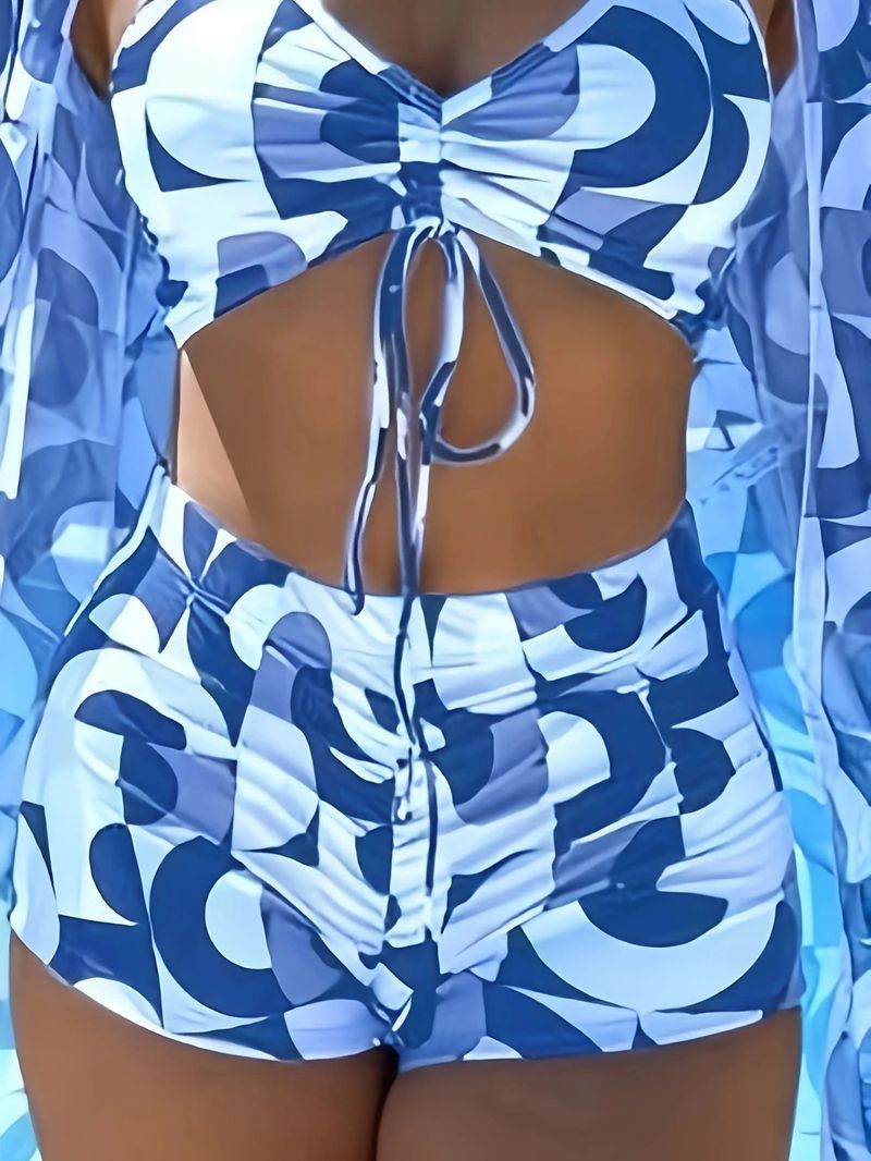 Damenbekleidung Blau-weißer Bikini-Oberteil mit geometrischem Druck und Kordelzug, Shorts, dreiteiliges Set, Sonnenschutz-Cardigan im Urlaubsstil, Badeanzug_voghion.com