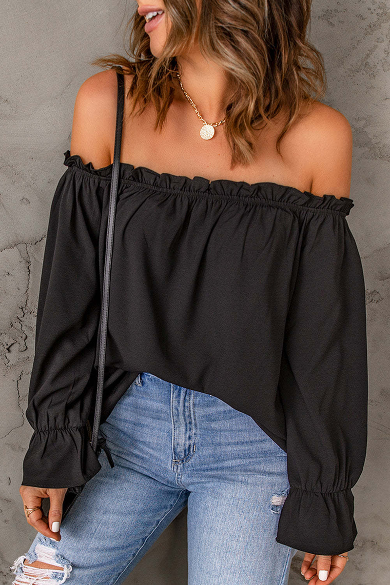 Blusa in chiffon con spalle scoperte da donna - Elegante top peplo a maniche lunghe con volant in tinta unita (nero, bordeaux, verde, beige, rosa antico)_voghion.com