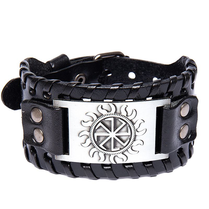 Genuine Viking Sun Symbol Men's Wide Leather Bracelet_voghion.com
