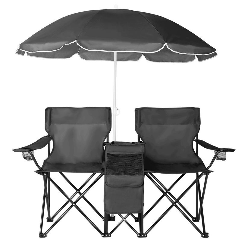 Portable Folding Picnic Double Chair With Umbrella, Table & Cooler – Beach Camping Chair, Red/Gray Palm Tree Design, Black Pineapple Pattern – Perfect For Outdoor Patio & Picnic_voghion.com