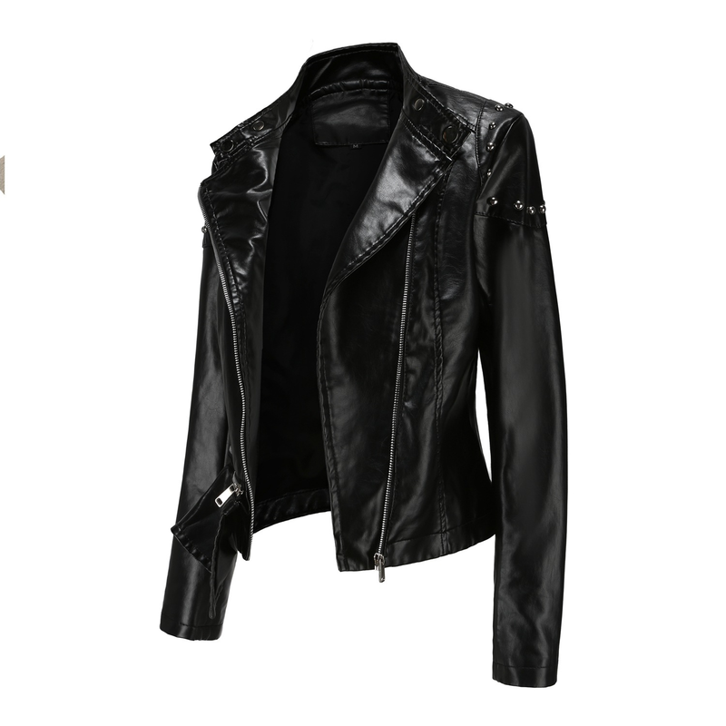 Giacca in pelle con rivetti da donna, nuova moda 2021, con colletto rialzato, tinta unita, primavera e autunno_voghion.com