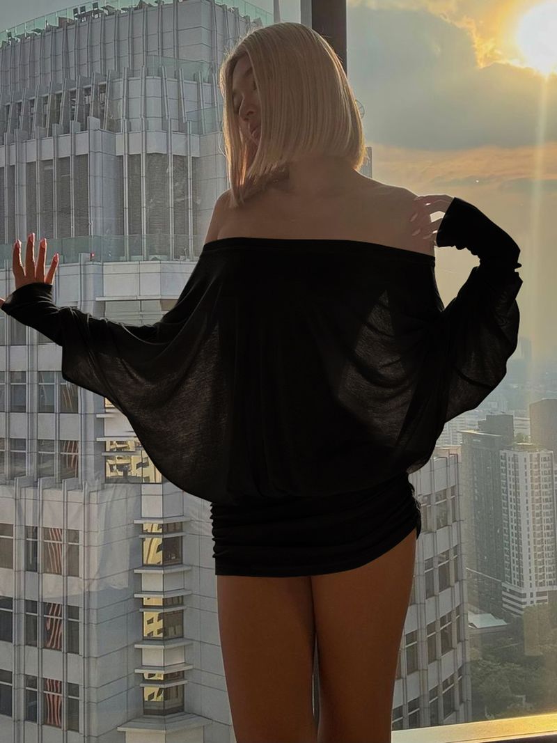 Gustyins Fashion Hot Girl Sexy Off-Shoulder Draped Bodycon Sweet Spicy Chic Pure Desire Dress_voghion.com