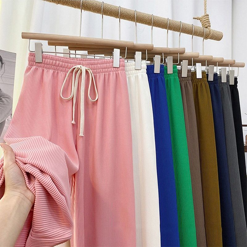 hot selling 2023 Women High Stretch Waist Wide Leg Pants Summer Drawstring Loose Long Rib Knitted Trousers_voghion.com