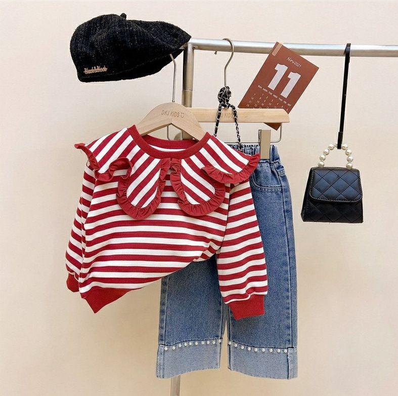 Ensemble deux pièces pour enfants, haut à revers rayé, pull, jean perlé_voghion.com