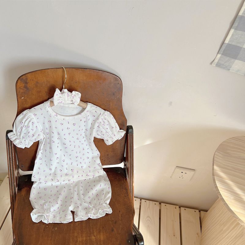 2024 Yaz Kore Baskısı Parçalanmış Çiçek Kabarcık Kollu Ekmek Tavaları Kız Bebek Harper Tırmanma Giysileri İki Parça_voghion.com