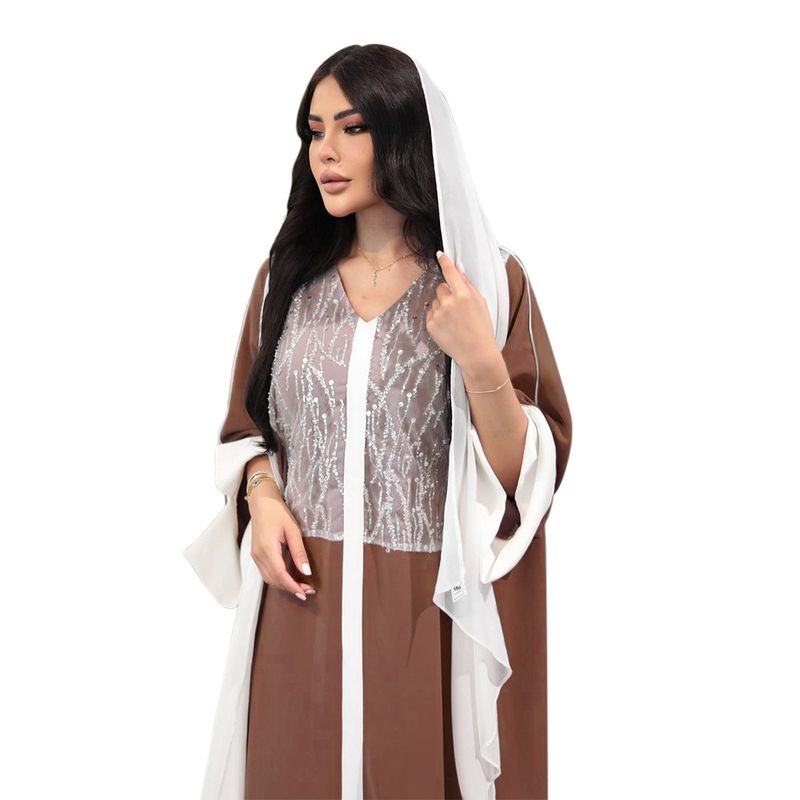 Roupas femininas Vestido muçulmano cetim contraste cor costura lantejoulas saia longa não inclui lenço na cabeça_voghion.com