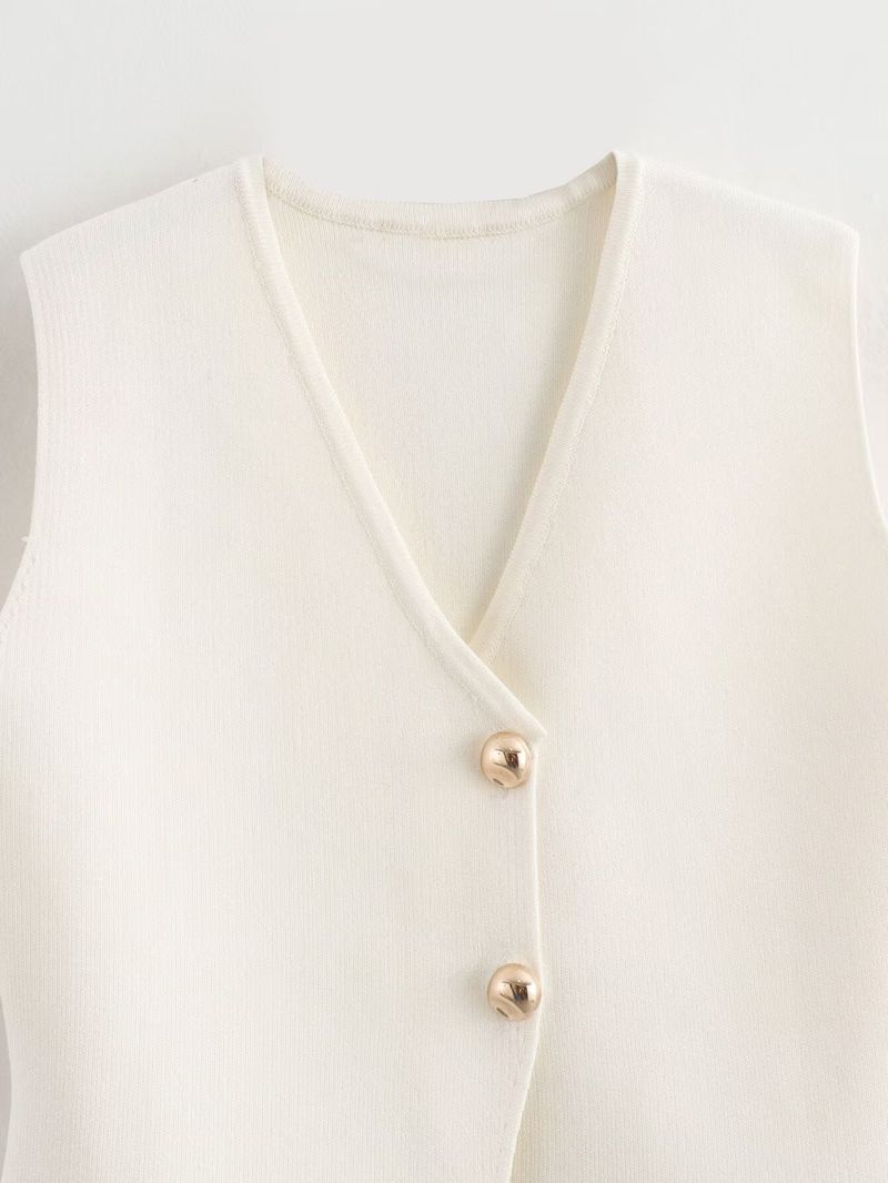 Débardeur tricoté à boutons dorés pour femme, nouvelle mode automne 2024 w063 2038_voghion.com