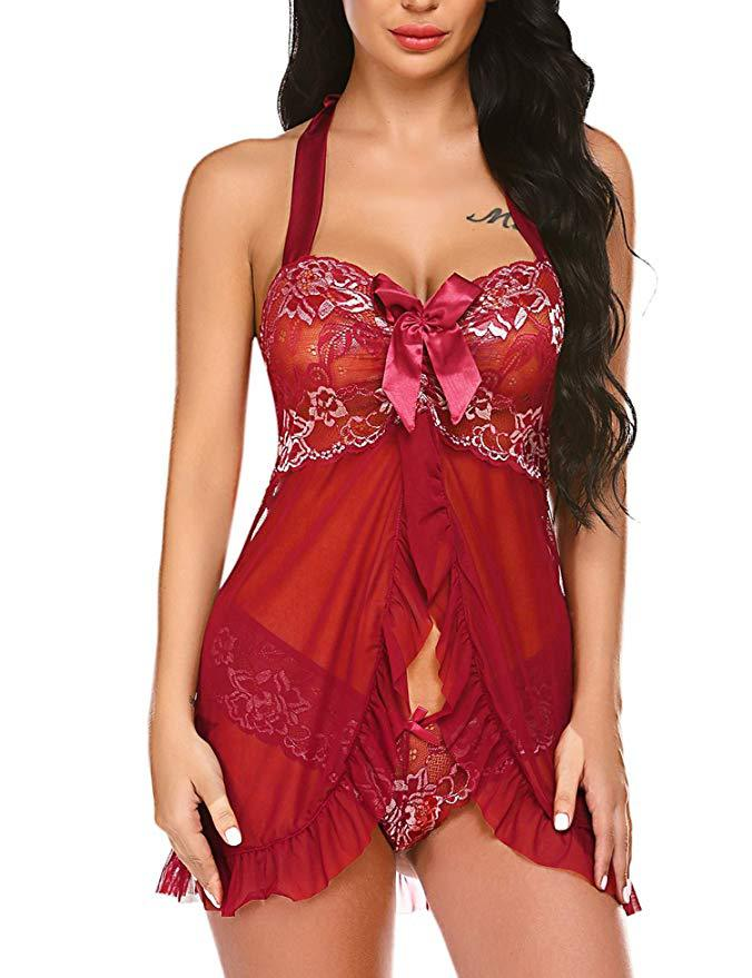 Sexy Dessous Plus Size Spitze Patchwork Mesh Transparent Neckholder Schleife Ultrakurzes Nachthemd_voghion.com