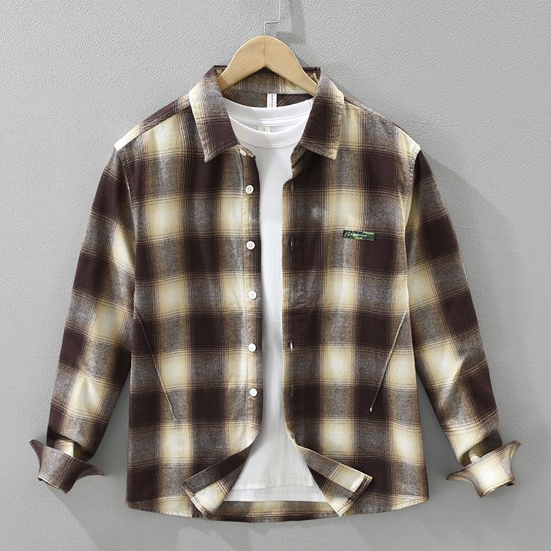 Camicia a maniche lunghe a quadri retrò da uomo, alla moda e versatile, top casual e ampio._voghion.com