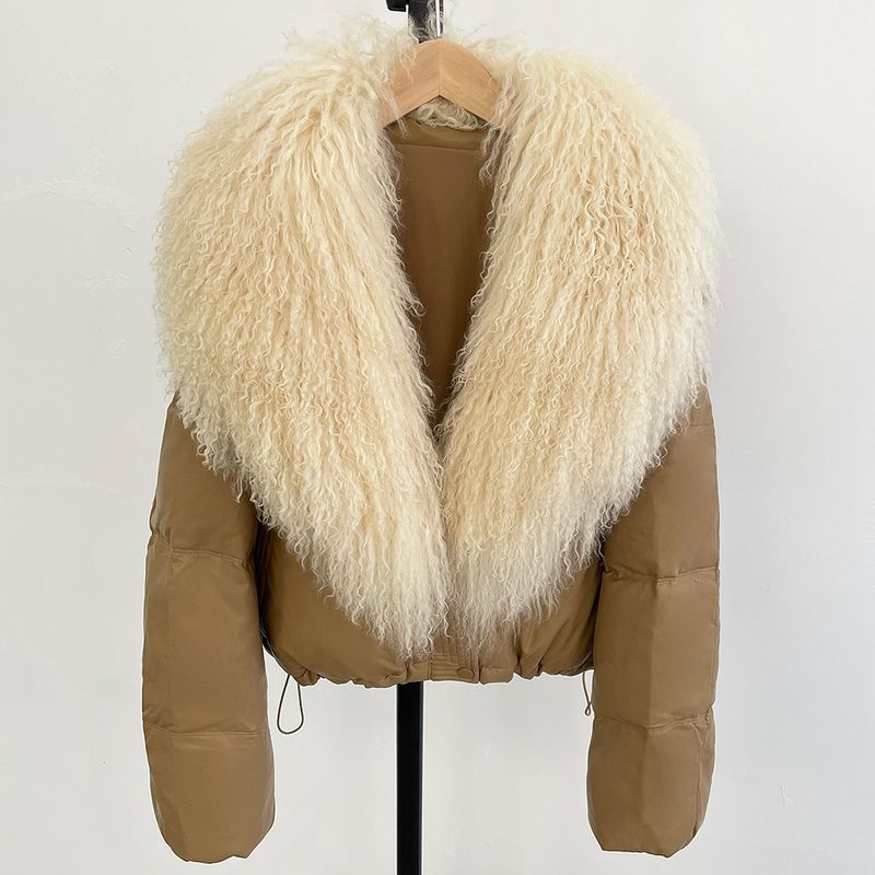 Women's Luxury Duck Down Jacket With Oversized Fur Collar – Winter Warm Coat (Black/Burgundy/Khaki, S/M)_voghion.com