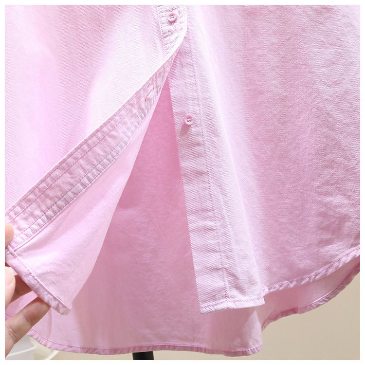 Langärmliges Sommerhemd aus Baumwollmischung mit Blumenstickerei und lockerer Passform für Damen – lässiges langes Tunika-Oberteil (Blau, Gelb, Rosa, Weiß)_voghion.com