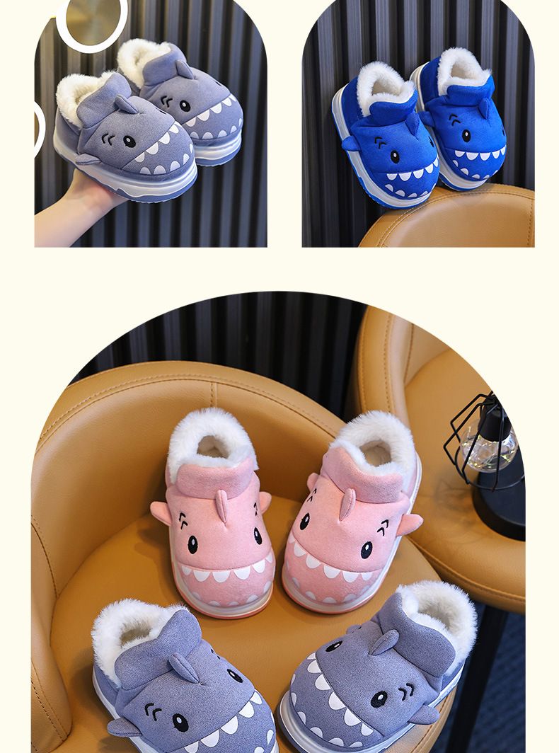 Pantofole per bambini per ragazzi in inverno 2024, nuovo antiscivolo carino squalo bambina con tacco a sacco in peluche e caldo cotone_voghion.com