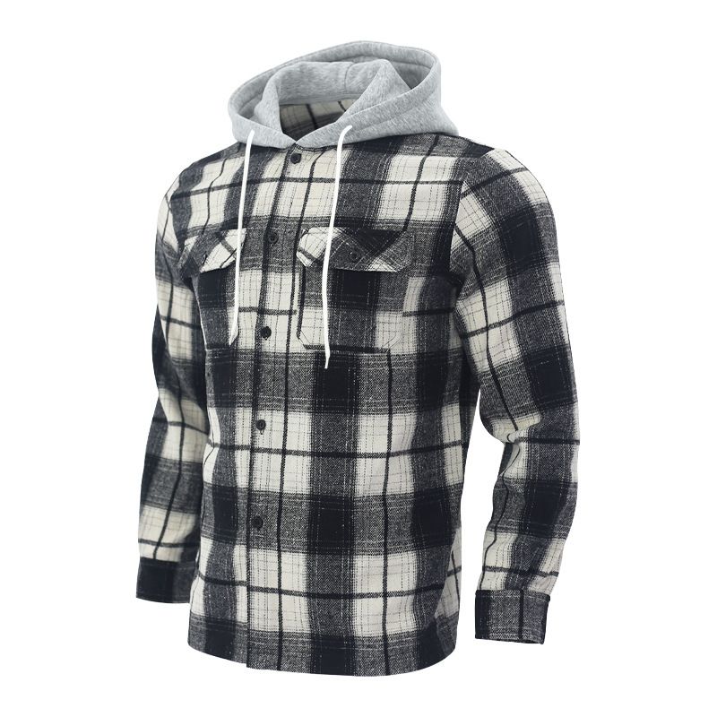 Herrenbekleidung Retro Herbst und Winter Kariertes Hemd Mit Kapuze Flanell Jacquard Freizeithemd_voghion.com