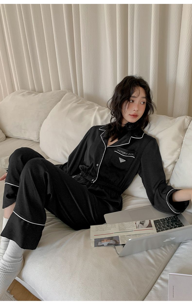 Pajamas Women's V-neck Exposed Navel, Long-sleeved Home Two-piece Set Of Satin Chiffon Thin Loungewear Can Be Worn Outside_voghion.com