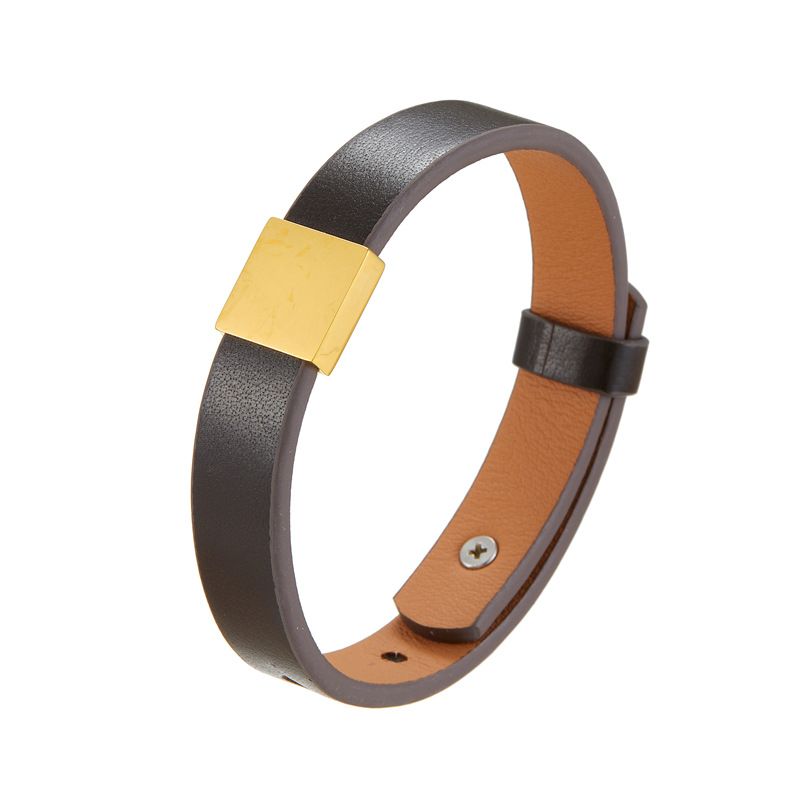 Unisex Genuine Simple Stainless Steel Smooth Surface Customizable Engraving Cowhide DIY Leather Bracelet_voghion.com