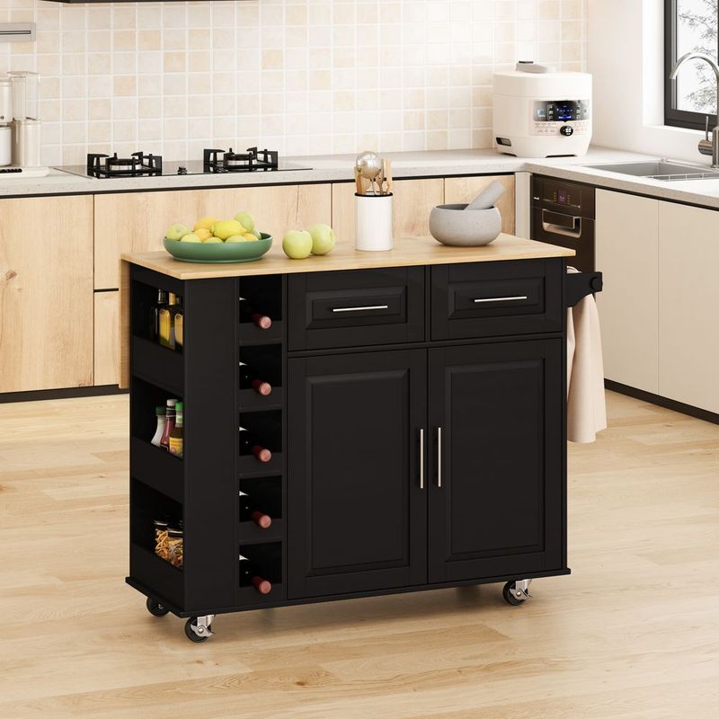 Multi-Functional Kitchen Island Cart With 2 Door Cabinet And Two Drawers,Spice Rack, Towel Holder, Wine Rack, And Foldable Rubberwood Table Top_voghion.com