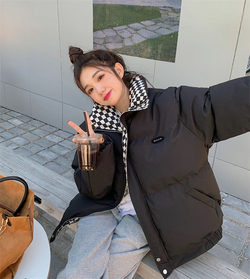 Women’s Oversized Checkerboard Puffer Jacket – Thick Cotton Quilted Coat With Stand Collar (Black, Coffee, S-XXL)_voghion.com