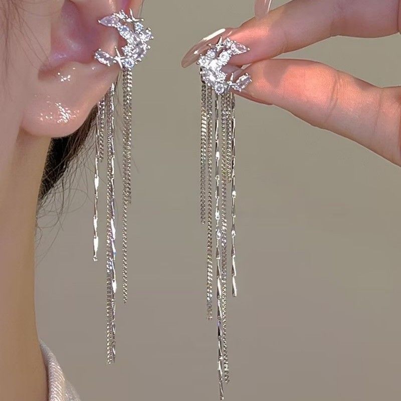 Luna's Arrival Long Tassel Cuff No Piercing Women High-end Sense Temperament Light Luxury Zircon Ear Bone Clip_voghion.com