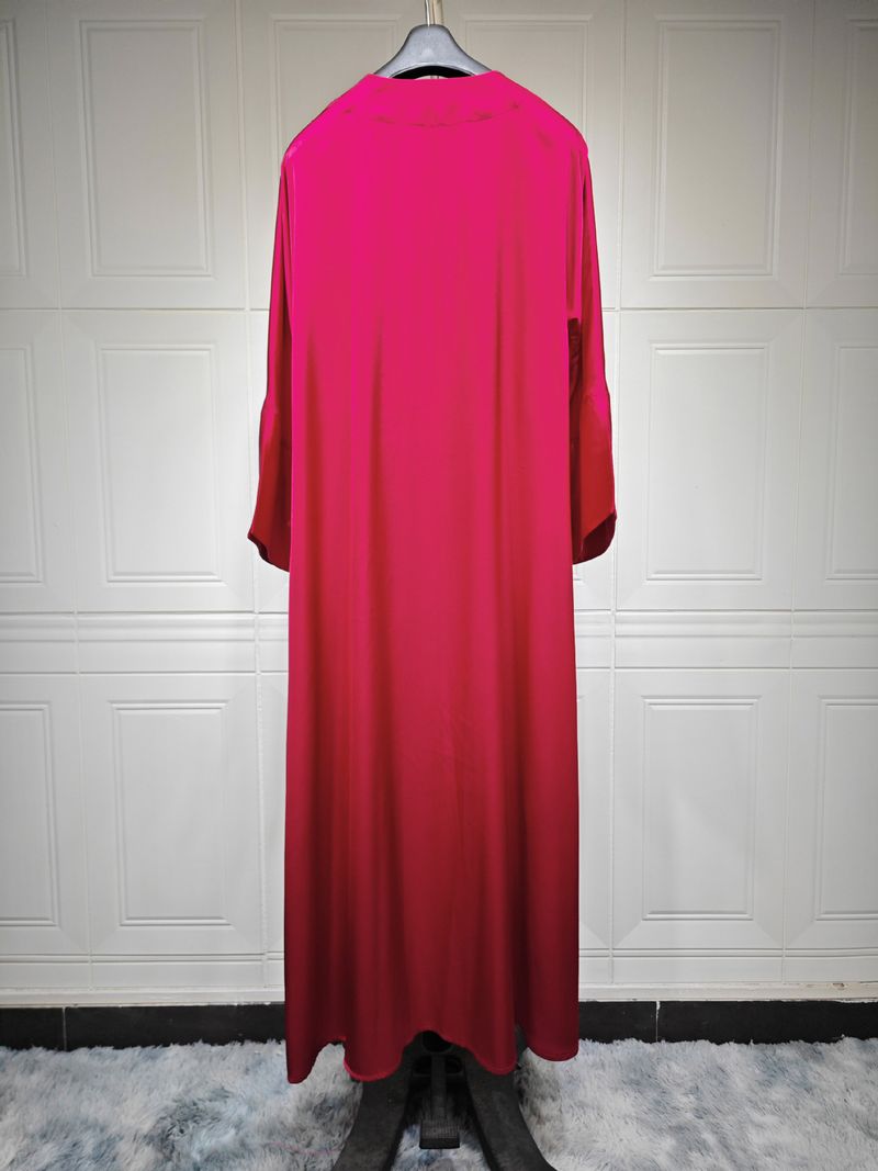Femei musulmane halat de baie rochie de seară satinată moale cu deschidere frontală halat Abaya culoare solidă_voghion.com
