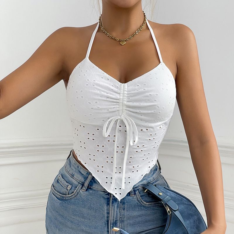 Top camisola irregular con cordón y cuello halter para mujer_voghion.com