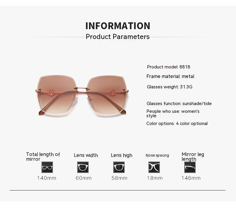 Neie Frameless Cut Edge Women's Fashion Metal Large Frame Gradient Liicht Sonnebrëller fir Fuere Sonnevisiren Ins_voghion.com