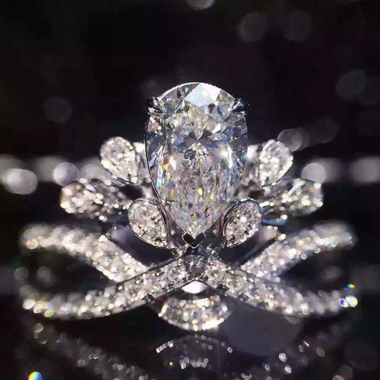 Anello di fidanzamento colorato con diamanti simulati a forma di corona a forma di pera, di lusso, Zhenrong_voghion.com